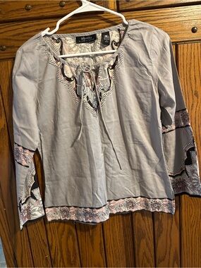Lord & Taylor Light Gray Tunic with Pink and Cream Embroidered Trim